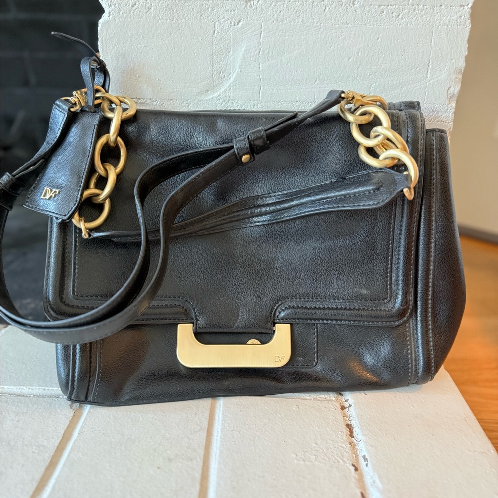 Diane Von Furstenberg Black Shoulder Bag with Gold Details